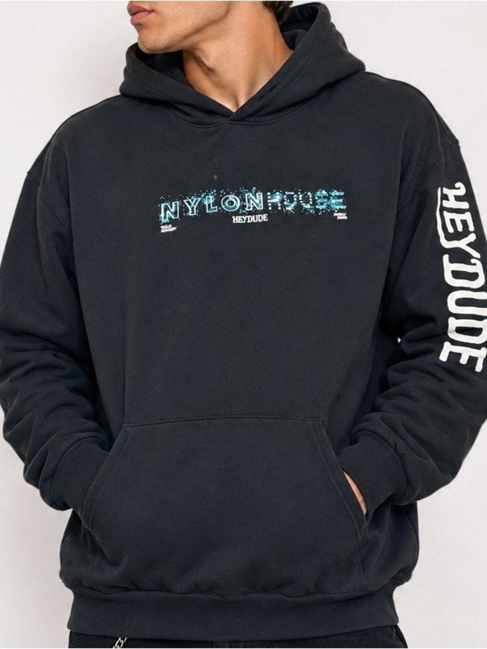 HEYDUDE NYLON HOUSE Graphic Hoodie Black Y2K Streetwear Sweatshirt L